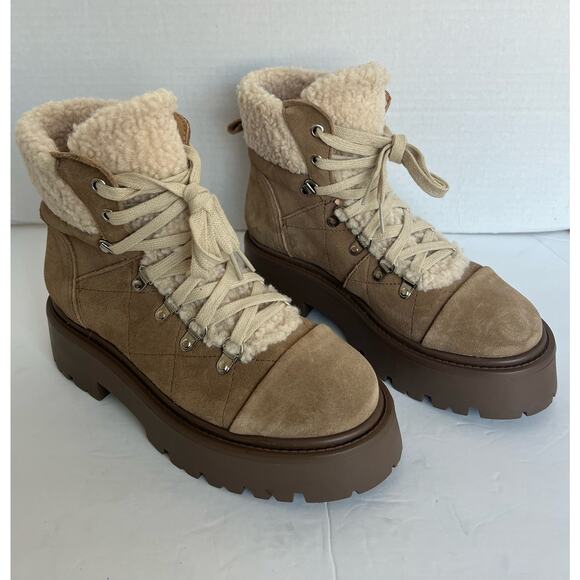 NWT Steve Madden Reyen Platform Combat Oatmeal Suede Lace Up Faux Fur Boot Sz 8 - Picture 2 of 9